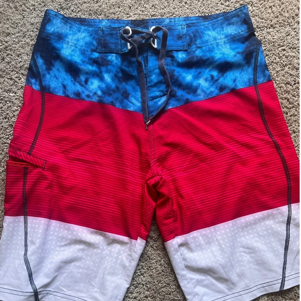 Joe Boxer Board Shorts Mens 32 Red White Blue Tie Dye Surf
